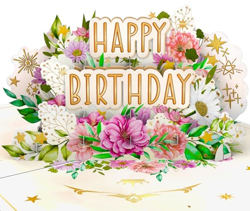 LIMAH® Pop-Up Geburtstagskarte mit Blumen | Edle Happy Birthday 3D Karte zum Geburtstag oder Jubiläum | Besondere Geschenkidee für Frau und Freundin | Als Gutschein, Geldgeschenk oder Geschenkkarte