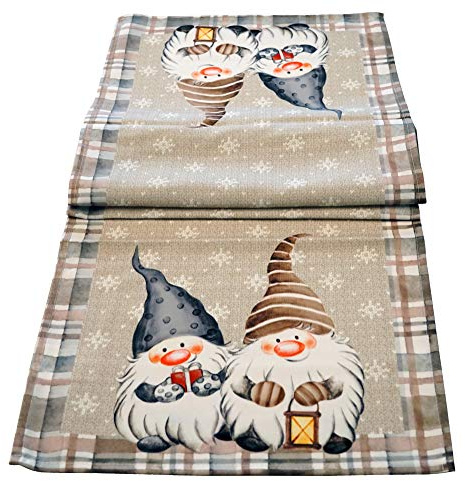 khevga Tischläufer Weihnachten Wichtel 140 x 40 cm – Beige – Weihnachtlicher Tischläufer mit Wichtelmotiv – Festliche Tischdekoration für Advent, Esstisch & Winterzeit