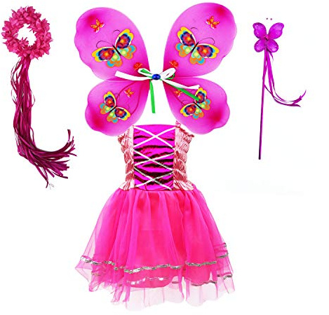 Tante Tina Costume de fée papillon pour fille - 4 pièces avec robe en tulle, ailes, baguette magique et serre-tête - Fuchsia - Convient pour les enfants de 2 à 8 ans