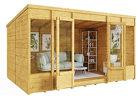 BillyOh Bella 12 x 8 Summer House Shed, Modern Pent Roof Log Cabin | Spray Treated - Garden Room with Wide Double Doors, Tongue and Groove Construction | Versatile Tiny Home or Garden Office