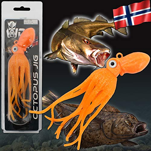 Angel-Berger Wild Devil Baits Octopus Jig Dorsch Heilbutt Seelachs Köder Pilker Meeresangeln Gummifisch (Orange Glitter, 250g)
