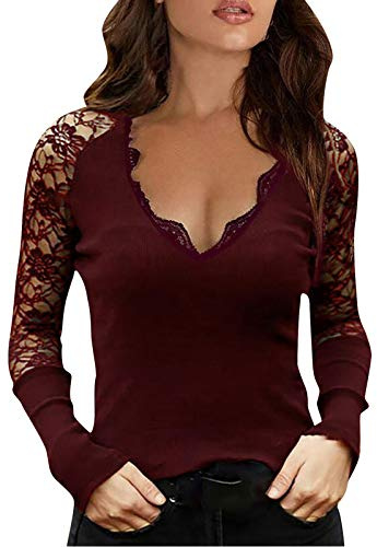 Onsoyours Femme Col V Tops Dentelle Blouse Tee Shirt Slim Haut Sexy Manches Longue Épaules Dénudées T Shirt B Vin Rouge XXL