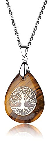 Thajaling Collier en pierre d'oeil de tigre pendentif en cristal avec pendentif arbre de vie en chaîne en acier inoxydable