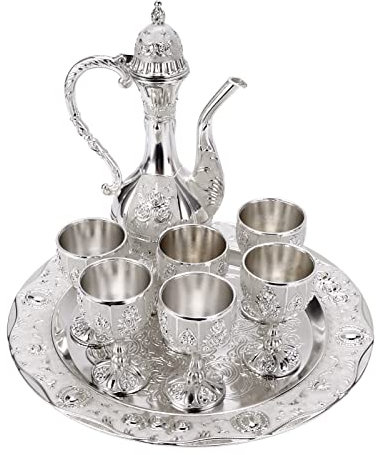 BHDK Vintage Exquisite Metal Metal Wine Glass Jug Set,Retro Turkish European Style Art Crafts Teapot Wine Pot Kit with 6 Luxury Coffee Cups & Craft Tea Tray for Serving Tea Coffee Cappuccino