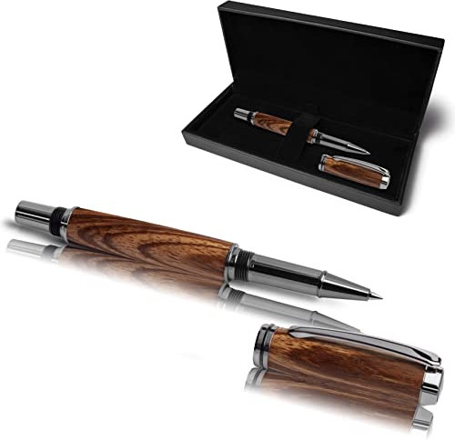 Handgefertigter Tintenroller aus Echtholz | Hochwertiger Rollerball aus Holz mit Miene & Etui | Exklusives Business Geschenk Set (Zebranoholz)