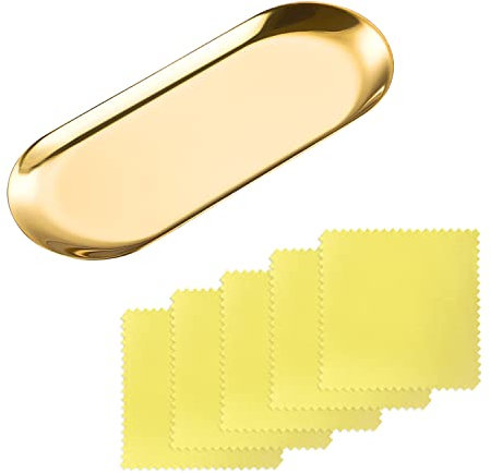 1 plateau à bijoux doré en acier inoxydable, porte-bijoux, plateau à bijoux, rangement de cosmétiques, rangement de commode, ne se déforme pas facilement et 5 chiffons à râper argentés