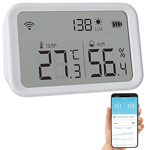 Luminea Home Control Helligkeitssensor: 3in1-WLAN-Sensor für Temperatur, Luftfeuchtigkeit und Helligkeit, App (Dämmerungsschalter, Smart Home Hygrometer, Luftentfeuchter)