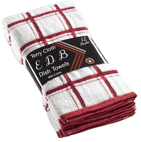 Kitchen Dish Cloth 6X, 12X Extra Large Jumbo Herringbone Terry Tea Towel 100% Soft Cotton 40x60cm Premium Quality Big Checked Terry Drying Cloth Thick Cleaning (Red, 12)