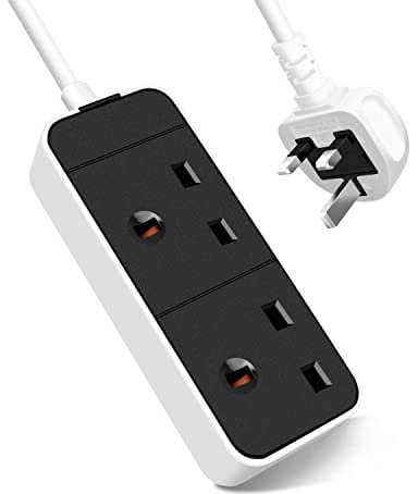 EXTRASTAR 2 Way Extension Lead in Black and White, 2M Extension Cord 13A UK Plug Max 3120W, 2 Socket Power Strip for Home Office School