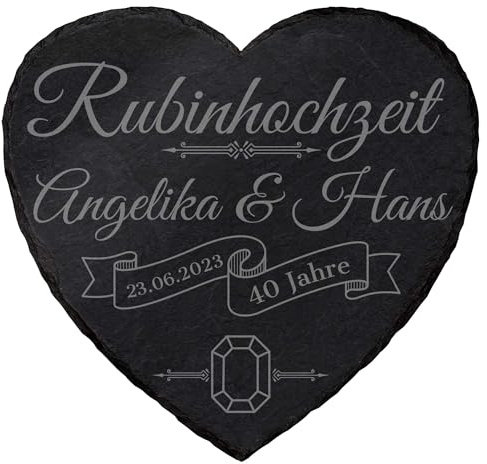 mtb more energy Personalisierbare Schiefertafel Herz ''40 Jahre Rubinhochzeit'' - individuell anpassbar - 20x20 cm - Laser Gravur auf Schieferherz - Hochzeit Geschenk