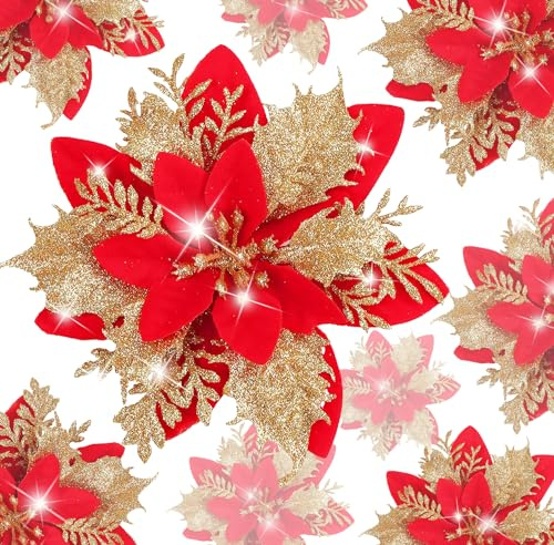 BLAZOR Kunstblumen Weihnachten, Weihnachtsblumen Deko, Glitzer Weihnachtsstern Künstlich Weihnachtsdeko Blumen, Künstliche Blumen für Christbaumschmuck, Hochzeitsdeko, Neujahr Ornamente.