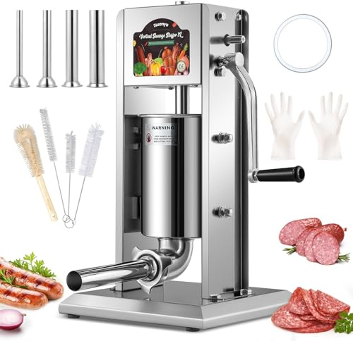 Huanyu Rellenadora Vertical de Salchichas 3L Rellenadora Manual de Salchichas con 4 Tubos Rellenadores Máquina de Hacer Salchichas de Acero Inoxidable Rellenadora de Salchichas para el Hogar