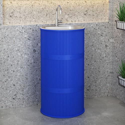 Lavandino a Colonna Moderno in Ferro Battuto, Mobile da Bagno con Lavabo in Acciaio Inox, Lavandino su Piedistallo Freestanding Set con Rubinetto e Scarico (senza contenitore,Blu)