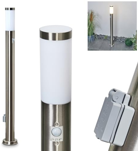 HOFSTEIN Wegeleuchte Sessa, Außenwegeleuchte mit Bewegungsmelder und Steckdose aus Metall/Kunststoff in Nickel-matt/Weiß, moderne Außenleuchte für Garten, Außenbereich, Hof, Terrasse, 110cm, E27, IP44