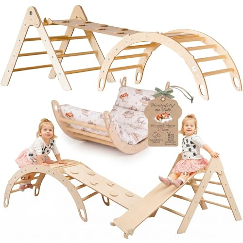 WoodsCraft 3in1 Set: Kletterdreieck, Kletterbogen & Rutsche/Kletterrampe | mit hypoallergen Kissen für Kletterbogen, holz Montessori Klettergerüst indoor, Babyrutsche, Klettern Baby & Kinder