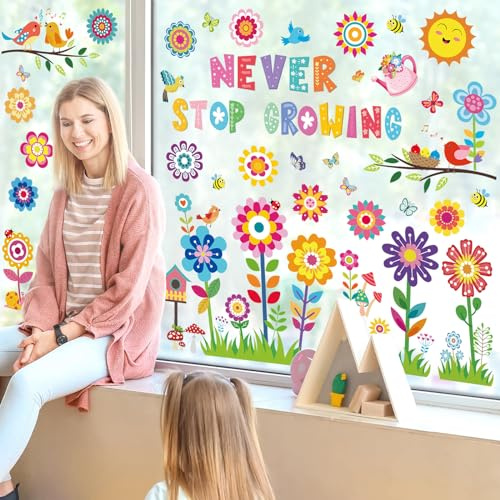 wondever Spring Summer Kids Colorful Flower Window Clings Birds Floral Glass Sticker Decal Anti Collision Double-Side Static Window Stickers for Kids Holiday Window Glass