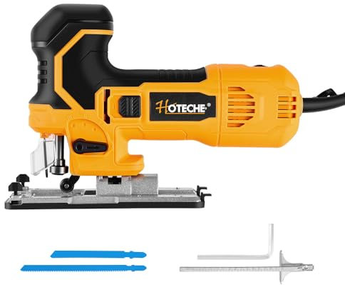 Hoteche Seghetto alternativo da 750 W, 100 mm, luce LED, cambio rapido, regolazione continua della velocità, 800 – 3000 rpm, piastra di base in alluminio – giallo/nero