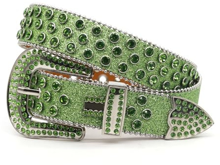JIARY Damen Strass Leder Gürtel, Western Cowgirl Cowboy Gürtel mit Strasssteinen, Bling Exquisit Leder Gürtel für Jeans Hose,Grün,125CM/49.2''