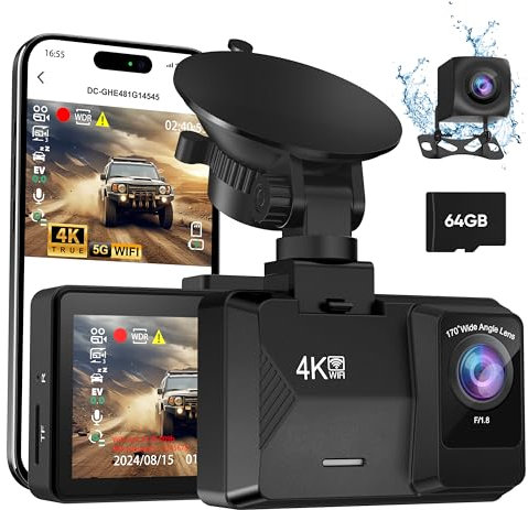 ORSKEY Dash Cam Front and Rear Built-in 5GHz WiFi, 4K+1080P Dual Dash Camera for Cars with 64GB SD Card, 2.0 Display Dashcam, 24H Parking Mode, App Control, Super Night Vision, Support Max 256GB