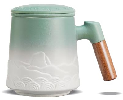 ZENS Teetasse mit Deckel und Sieb,500ml Große Losen Teetassen,Grün Weiß | Matte Geprägtem Keramik Teebecher mit Feinsieb und Holzgriff für Teeliebhaber Geschenke