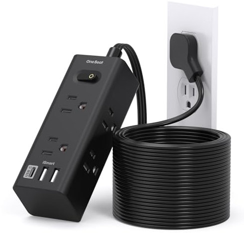 Cavo di prolunga da 6 m con prese multiple, protezione da sovratensioni con spina piatta con cavo lungo 6 m, 6 uscite 3 porte USB (1 USB C), presa multipla da parete per viaggi, università,
