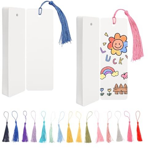 60 Pcs Blanko Lesezeichen mit 60 Bunten Quasten, Leeres Lesezeichen, Papier Lesezeichen Basteln mit Loch, Lesezeichen Rohlinge Set für DIY Handwerk Geschenkanhänger (Weiß, 14x5cm)