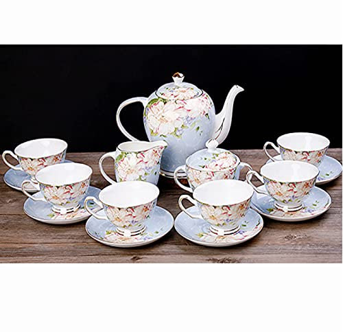 KWMAEEUID Porzellan-Teeservice für Erwachsene, Blaue Blumen, Knochenporzellan, Vintage-Kaffeetassen und Untertassen, 6-teilig, mit Teekanne, Zuckerdose, Sahnekännchen