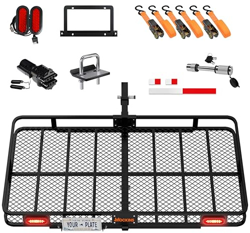 Mockins 72x36x6 XXL Folding Trailer Hitch Cargo Carrier w/Rear Lights & Plate Bracket | All-Weather Steel Luggage Rack for SUV Car & Truck | 500Lbs Cap Cargo Racks for Trailer Hitch & Accessories