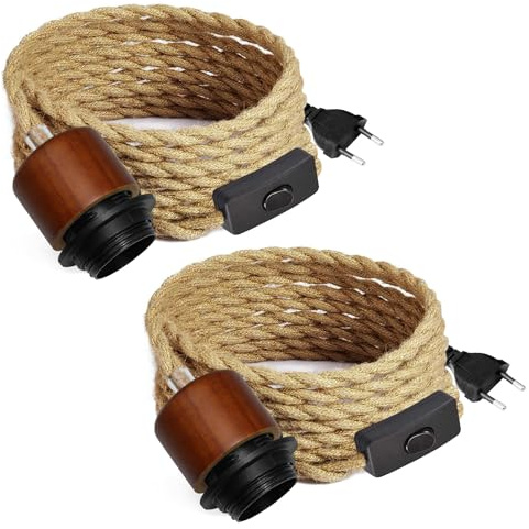 2 Pezzi Portalampada E27 con Interruttore e Spina, 500 CM Cavo, Lampada Corda di Canapa, Kit Cavo a Corda per Lampadario, Lampada a Sospensione, Vintage Vento Industriale, Adatto Interni