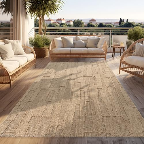Paco Home Outdoor Teppich Wetterfest Balkon Flur Wohnzimmer Boho Design Abstraktes Muster Geometrisch 3D Effekt Moderne Deko Beige, Grösse:200x280 cm
