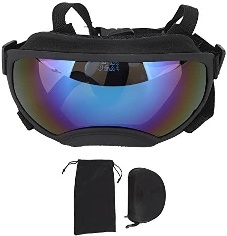 POENVFPO Große Sonnenschutz-Sonnenbrille für Hunde, Winddicht, Staubdicht, Beschlagfrei, Augenschutzbrille für Hunde mit Elastischen Bändern für den Außenbereich (Schwarzer Rahmen, Blaue