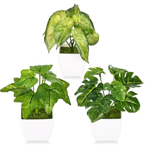 DMJJSD Planta artificial pequeña de 3 unidades, plantas artificiales como reales con maceta, plantas de plástico, plantas artificiales para salón, habitación, decoración de pared, baño, dormitorio