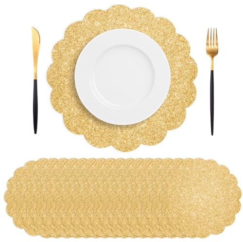SMUAENSS 50 PCS Gold Glitter Paper Placemats, Paper Placemats Disposable, 13.5 Scalloped Sparkling Placemat, for Birthday Wedding Holiday Party Home Dining Tableware