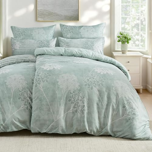 Qucover Bettwäsche 135x200 4teilig Bettwäsche Sets Blumen Salbeigrün Sommer Mikrofaser,Bettbezug 135x200 mit 2 Kissenbezüge 80x80cm