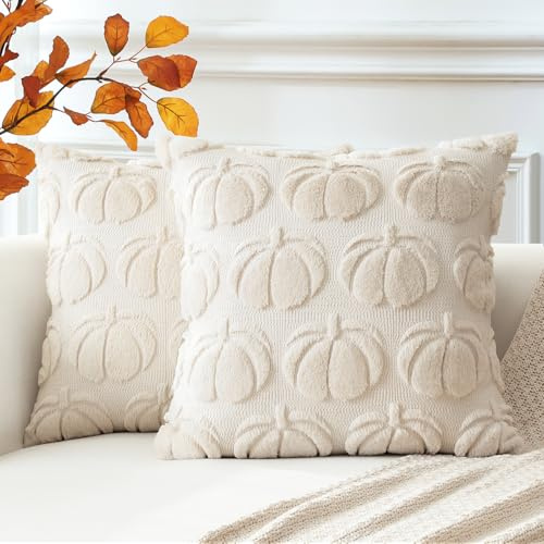 Artscope 2er Set Wolle Kürbis Kissenbezüge Weicher Plüsch Kurzer Wollsamt Dekokissenbezüge Herbst Kissenhülle Sofakissen Herbstdeko für Sofa Schlafzimmer Halloween Creme Beige, 40x40cm