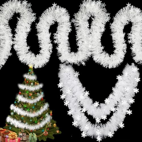 NewZC 12m Weihnachtsgirlande Weiss Schneeflocken Tannengirlande Lang Innen Und Außen Christbaumgirlande Weiß Spritzguss Weihnachtsbaumschmuck Girlande für Fenster Türrahmen Treppengeländer Kamin