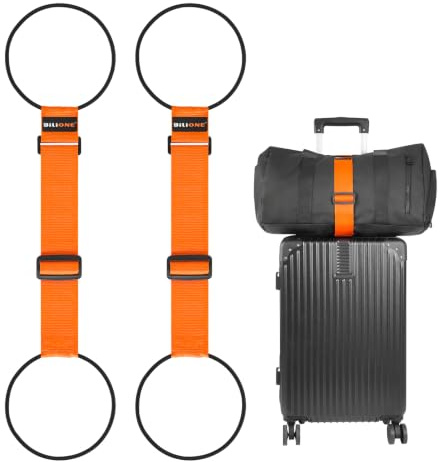 BILIONE Adjustable Luggage Connector Straps for Suitcases 2-Pack (Orange) | Add A Bag, Connect 2 Suitcases, Hang Coat/Scarf, Elastic Bungee Belt, Secure Carry-on Travel Essentials, Lightweight 36g