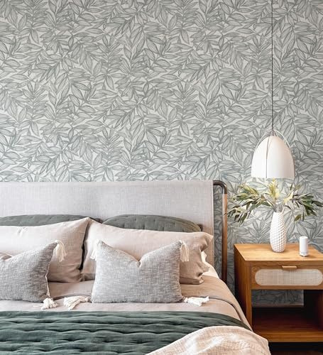 GAULAN 682976 - Papel pintado de diseño con hojas gris verdoso impresas en fondo textil para pared salón cocina baño dormitorio pasillo - Rollo de 10 m x 0,52 m