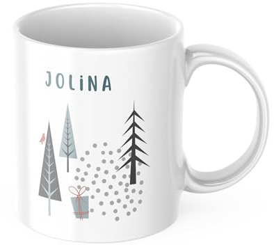 drunkLY Weihnachtstasse mit Namen - personalisierter Keramik Kaffee-Becher – personalisiert, Weihnachtstasse - Glühwein-Tasse - Nikolaus & Wichteln Geschenk-Idee (Wald-grau)
