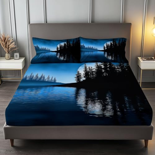 Lenzuola Matrimoniali Paesaggio Naturale Lago Alberi, Blu Set Lenzuola con Angoli in Microfibra con Angolo Fino a 30 cm con 2 Federe, Set completo da letto per Bambini e Adulti, 135 x 190 cm