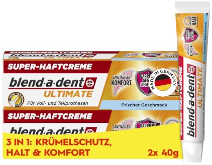 Blend-a-dent Ultimate Haftcreme, 2x 40g | 3in1 für Zahnprothesen: Krümelschutz, Starker Halt Und Komfort, Frischer Geschmack