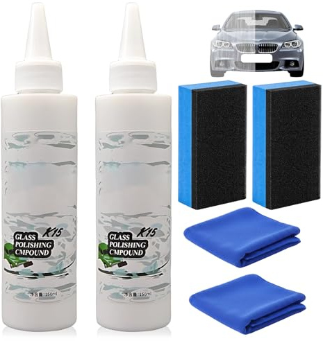 2 Stück Glass Polishing Liquid, Mit zwei Schwammen und 2 Handtücher,Glaspolitur Gegen Kratzer Im Glas,Glaspolitur Auto, Politur Auto Kratzer Entfernen Für Windschutzscheiben,Geeignet für Alle Autos