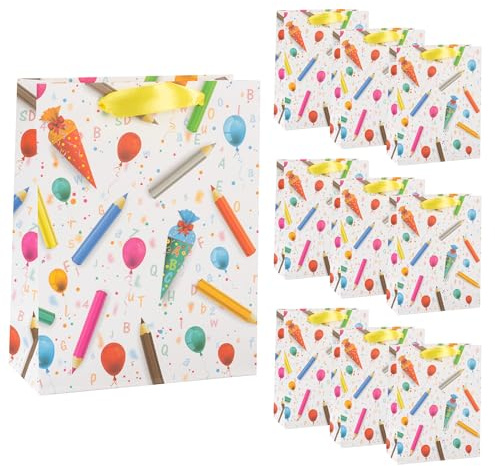 Idena 90541 - Geschenktüten Schulanfang, 10 Stück, Geschenktaschen in der Größe 18 x 23 x 8 cm, bunte Papiertüten mit Schultüten-Motiv