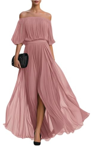 Générique Robe Ete Femme Chic Et Elegant Epaule Denudee Manches Bouffantes Robe Ceremonie Femme Longue Fluide pour Soiree Cocktail Mariage Plage Bohème