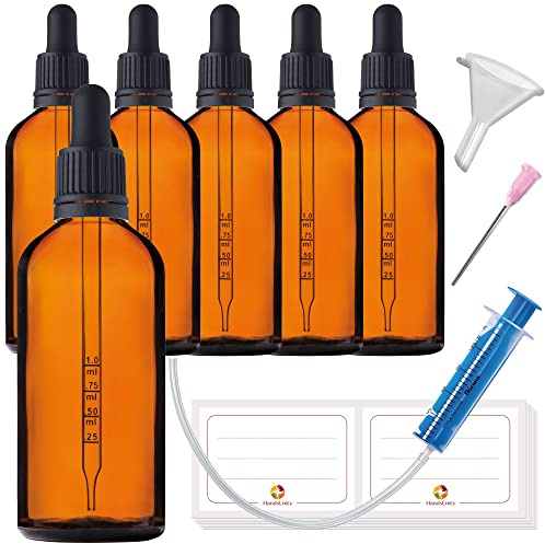 HandsUnity 100ml-6pcs de Flacon de Pipette Petit Flacon en Verre - Verre d'apothicaire en Verre Ambré avec Capuchon de Pipette Noir Comprenant 17pcs d'accessoires Bouteilles en Verre Brun