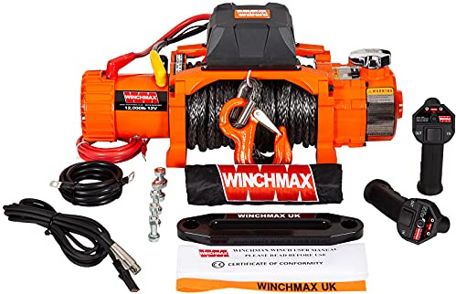 WINCHMAX 12000lb / 5443kg Original orange 12v elektrische Winde. Zwei Geschwindigkeit. 26m x 11mm Dyneema SK75 Mehrsträngiges Synthetisches Seil. Wettkampfhaken. Drahtlose Doppelfernbedienung