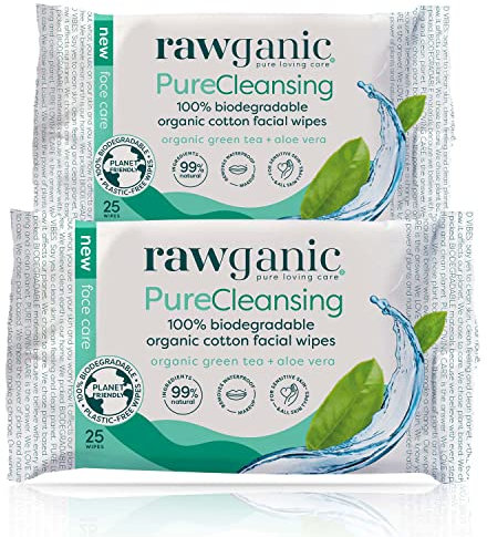 RAWGANIC Pure Cleansing Refreshing Facial Wipes with Aloe Vera and Green Tea | Gentle Soothing Biodegradable Makeup Removal Organic Cotton Wipes | 2 Packs (50 wipes in total)