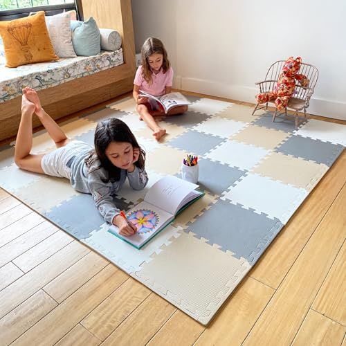MioTetto Tapis de jeu pour bébé en mousse souple non toxique |Tapis de sol coloré pour tout-petits avec puzzle de 36 carrés pour enfants et bébés|Dalles emboîtables en mousse EVA, crème-gris-beige, 36