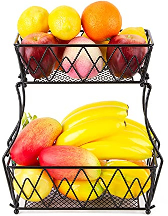 Frutero de metal negro de 2 pisos, cesta de fruta para cocina, decoración de escritorio, almacenamiento desmontable, diseño de doble capa (cuadrado)