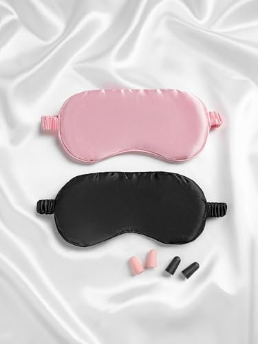 Welsberg 2x maschere per dormire con 2 set di tappi per le orecchie, maschera notturna, maschera per gli occhi, fascia elastica, 100% seta skin-friendly
